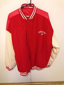 Vintage halloween lifeguard varsity letterman&#039;s jacket red white  (xl) baywatch