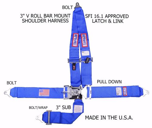 Rjs sfi 16.1 latch &amp; link 5 pt harness v roll bar mount bolt in blue 1126203