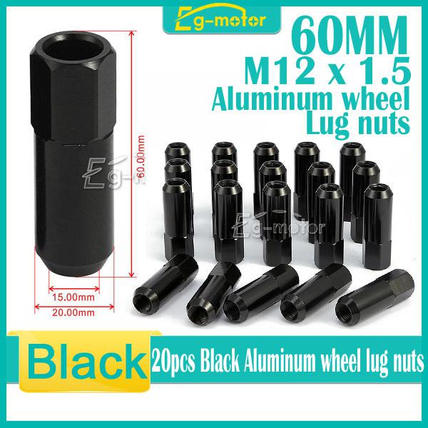 20x black 60mm 7075 billet aluminum extended tuner lug nuts lugs for wheels