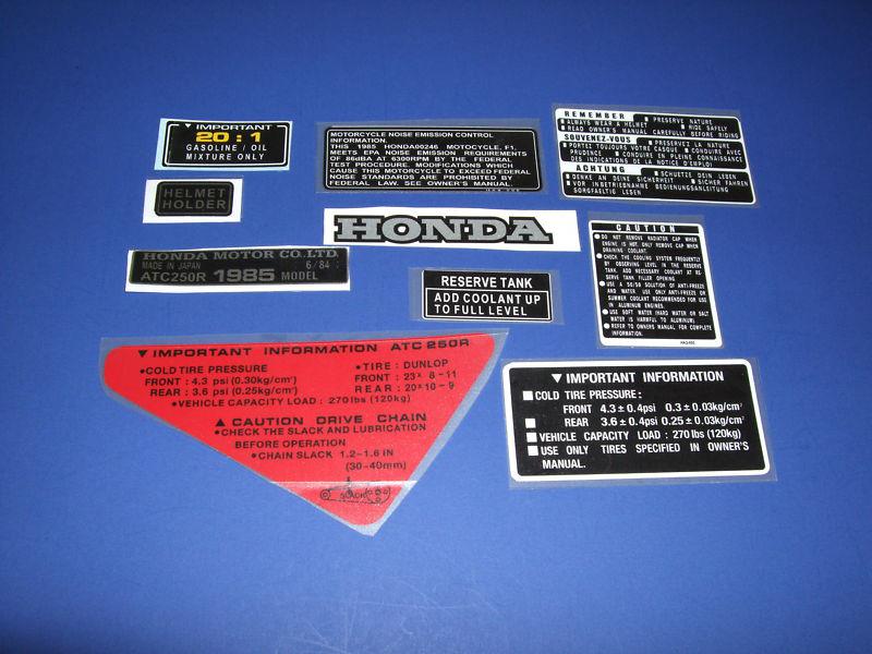 1985 honda atc 250r  10 pc frame warning decal sticker emblem set trx  0em 1986