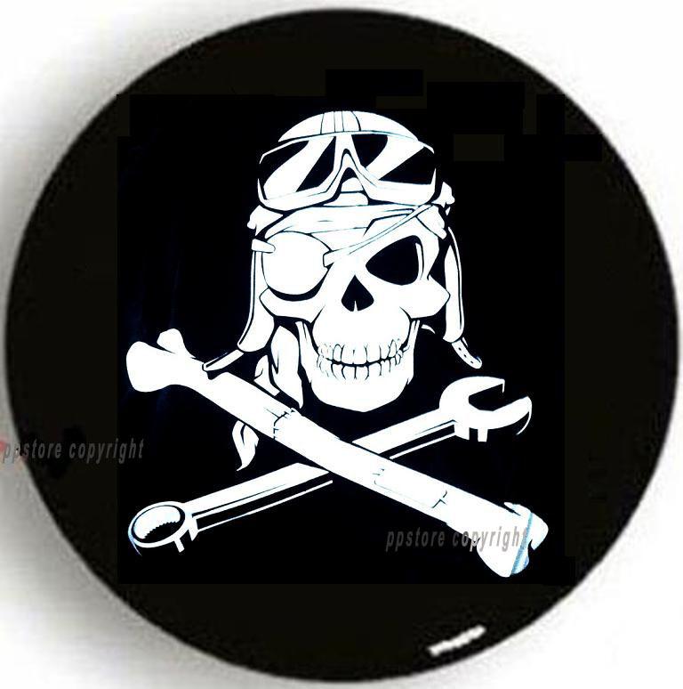 Spare tire cover 26.4"-29" w/ mechanic pirate skull on bronco black mb729211p