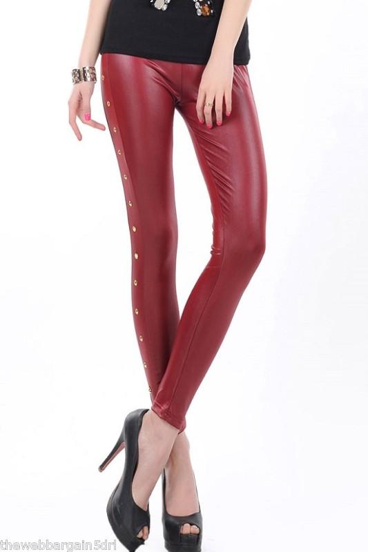 -----red leather looking leggins with gold studs---