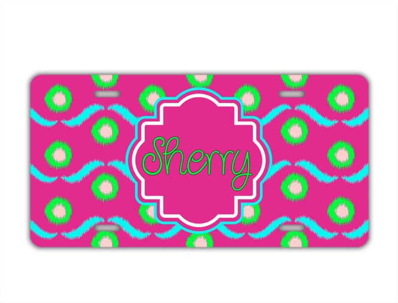 Monogrammed ikat license plate - hot pink lime green name front car tag (1036)