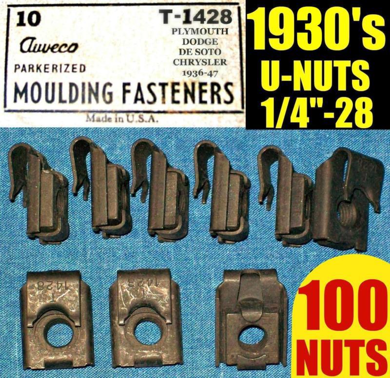 ❋100 nos auveco old u-nuts 1930s 30s fender molding trim nut 1/4"-28 fine thread