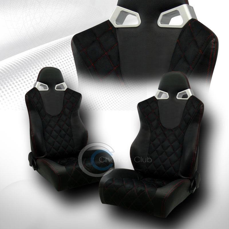 Universal checkers blk suede red stitch racing bucket seat+slider set acura audi