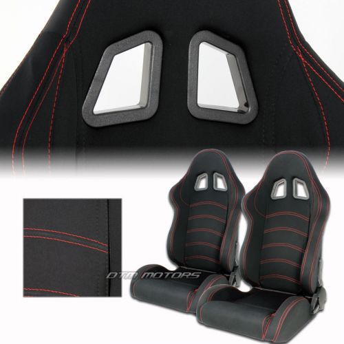 2x t1 style red stitching black cloth fully reclinable racing seats with sliders