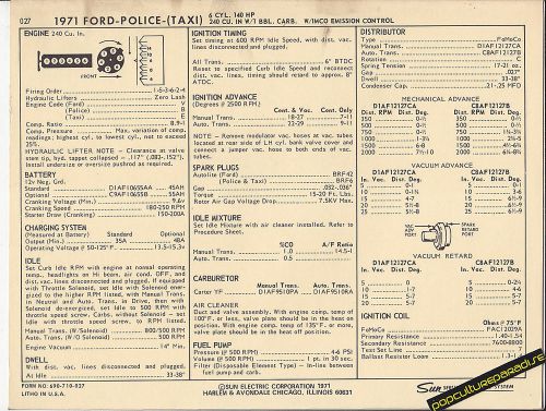1971 ford police/taxi 6 cylinder 140 hp / 240 ci car sun electronic spec sheet