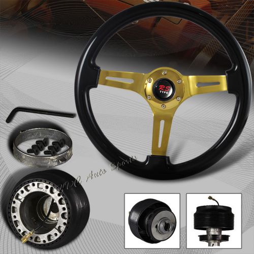 Jdm 345mm 6 hole black wood grain 3-spoke gold steering wheel + for mazda hub