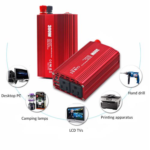 Red 300w sine wave car power inverter adapter dc12 to ac 110v with double usb