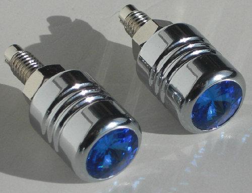 2 chrome billet & blue swarovski crystal license plate frame screws lic bolts 