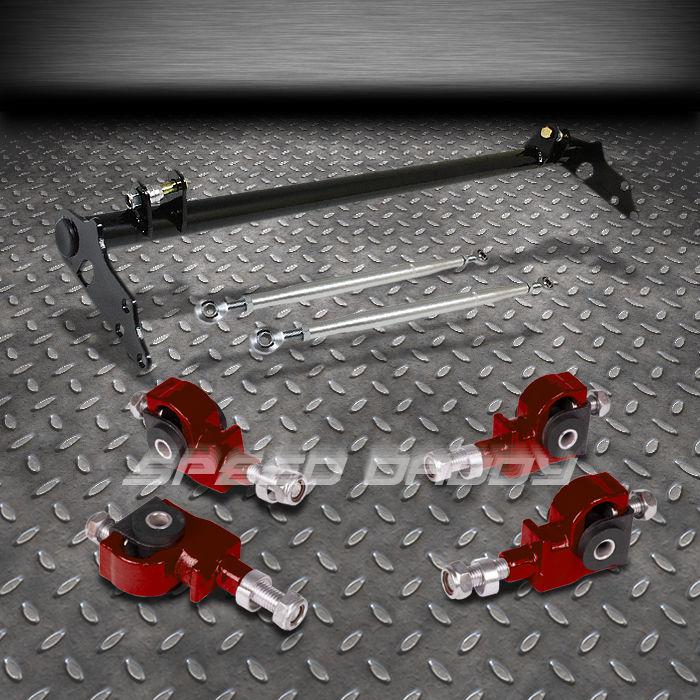 Red 4pc front camber adjuster kits+traction control bar 88-91 honda civic/crx ed