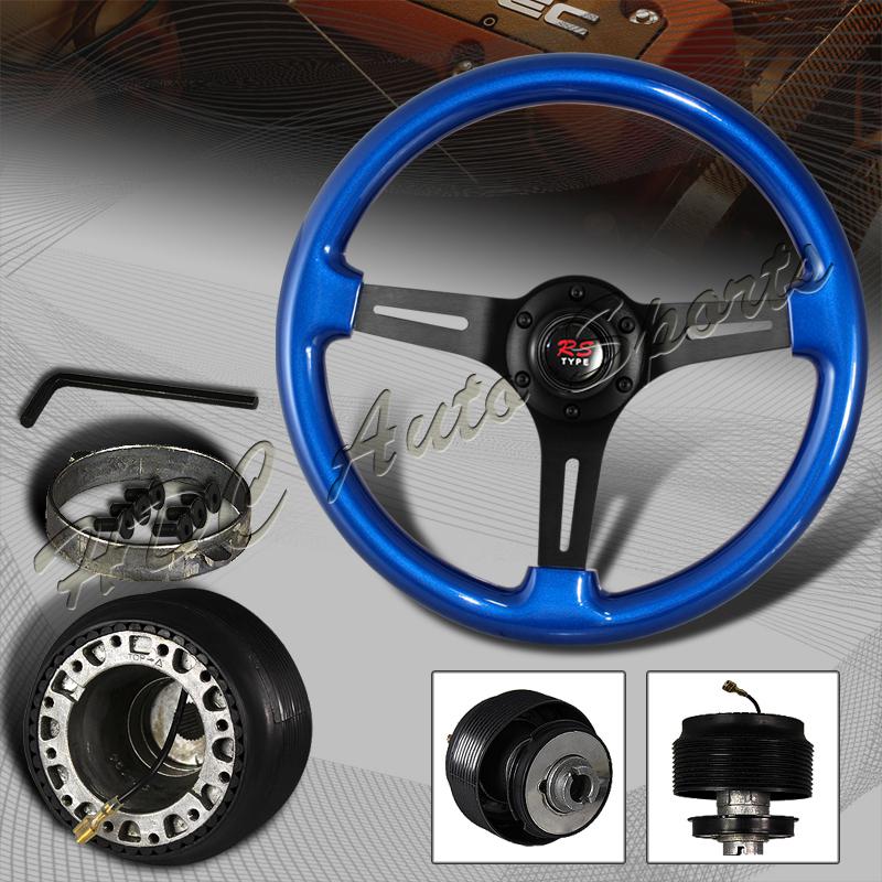345mm 6 hole blue wood grain deep dish steering wheel + acura honda hub combo
