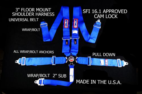 Rjs racing sfi 16.1 cam lock 5 pt seat belt harness floor mount blue 1034403