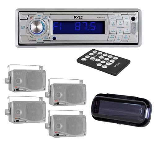 Marine boat mp3 am/fm radio system &amp; bluetooth 4 new silver box speakers &amp; cover