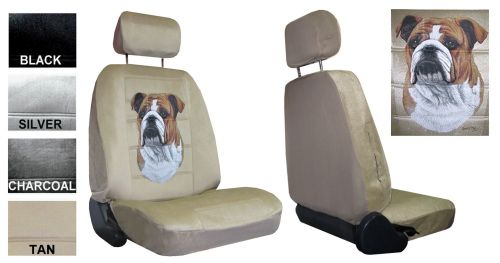 Bulldog brown white canine dog 2 low back bucket car truck suv seat covers pp 5a