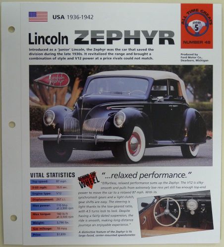 Lincoln zephyr imp collector brochure specs 1936-1942 group 5, no 48