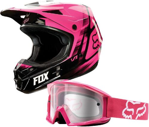 Fox racing pink v1 vandal helmet with hot pink main goggle
