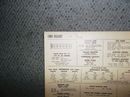 1964 plymouth valiant six series vv1 v100-v200 models 170 ci l6 tune up chart