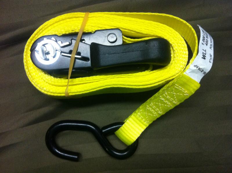 Ratchet tie down strap w/ s-hook 1" x 16' polyester w/ rubber handle m-strap