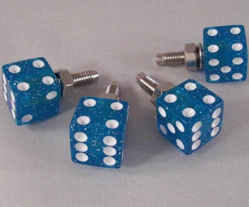 4 real dice "blue glitter" license plate frame bolts - motorcycle tag fastener