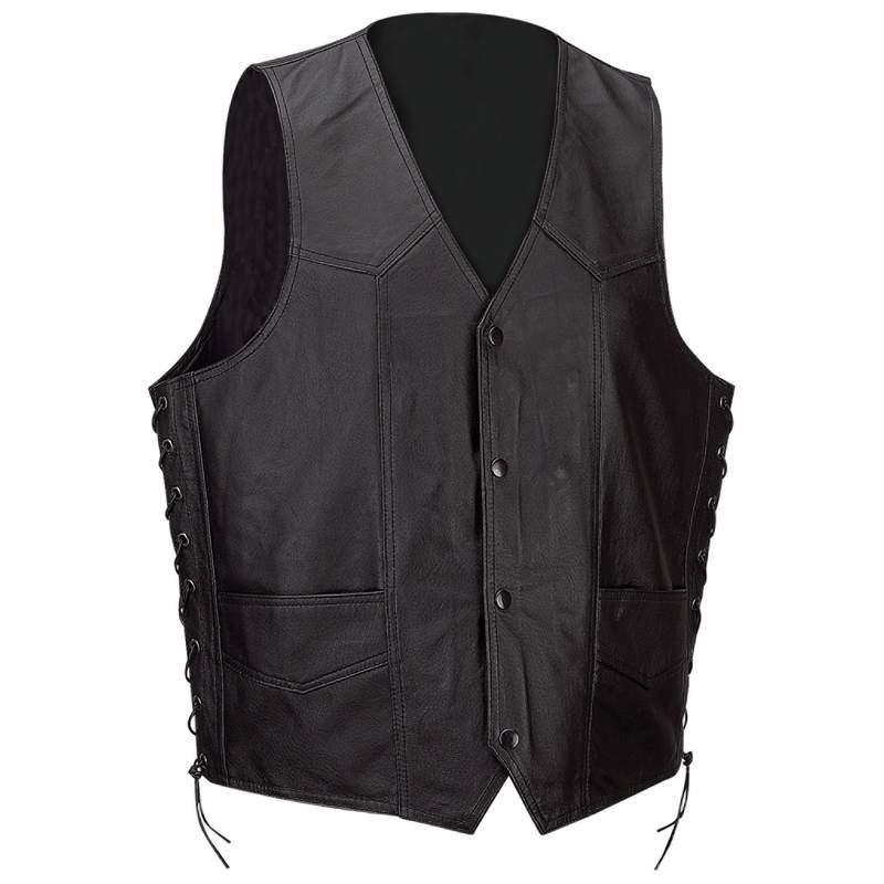 Mens black solid leather motorcycle vest, side laces, 8 pockets!   m,l,xl,2x,3x