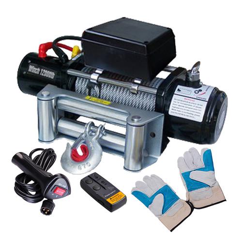 12000 lb 12v recovery winch electric wireless remote trailer truck suv w/ gloves