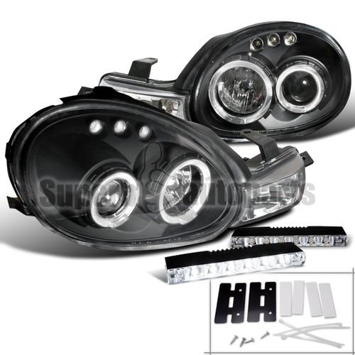 2000-2002 dodge neon halo projector headlights black+6-smd led fog drl lamps