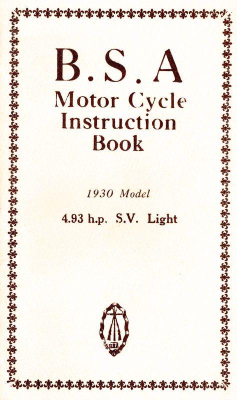 1930 b.s.a. motor cycle instruction book - 4.93 h.p. - sv light  bsa