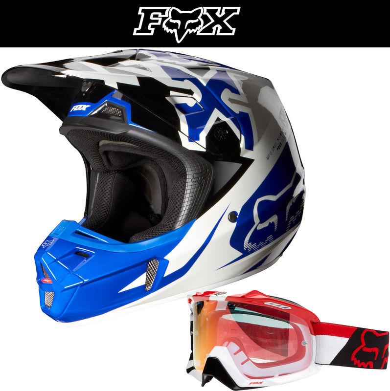 Fox racing v2 anthem blue white dirt bike helmet with chad reed airspc goggle