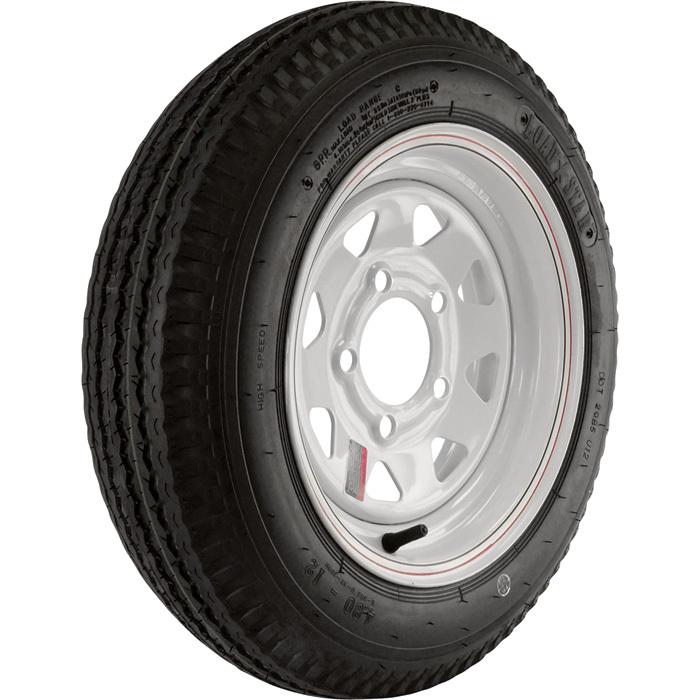 Hi-speed spoked rim trailer tire assembly 480-12 5-hole