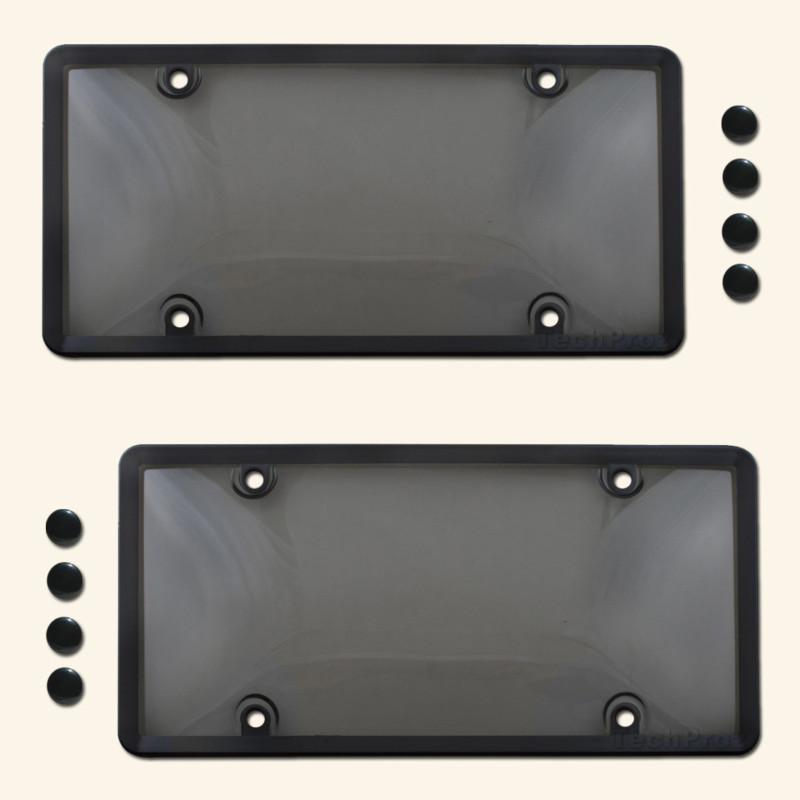 Two tinted license plate shield+frame cover tag smoke dark black guard plastic 2