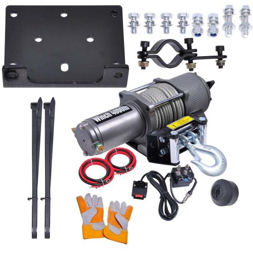 Electric recovery winch 4000 lb 12v atv towing truck trailer line stopper gloves