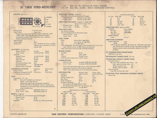 1969 ford mercury v8 390 ci 270 hp engine car sun electronic spec sheet