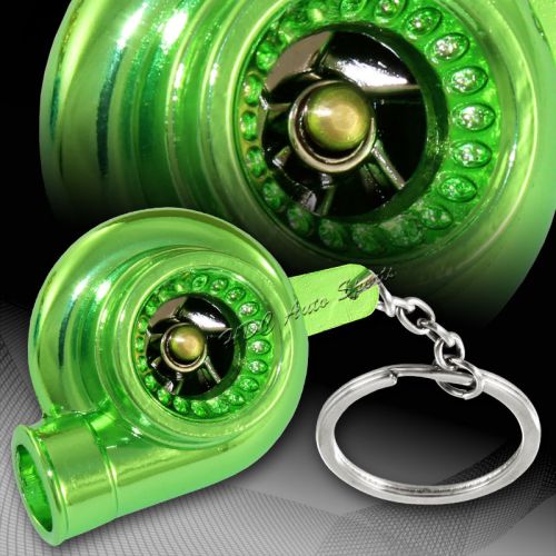 Universal green chrome turbo charger bearing spinning turbine key chain ring fob