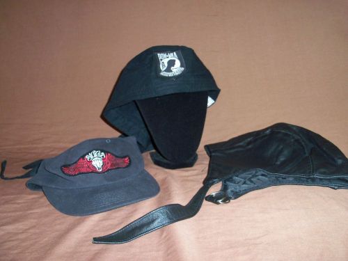 Doo rags pow-mia, sturgis 1999 cap, and padded skull cap motorcycle hats