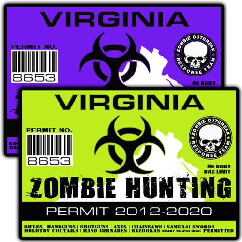 Virginia zombie outbreak response team decal zombie hunting permit stickers a