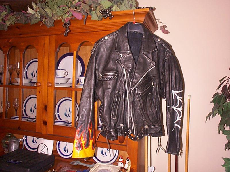 Rare old school leather motorcycle jacket flames spider web d style pocket 