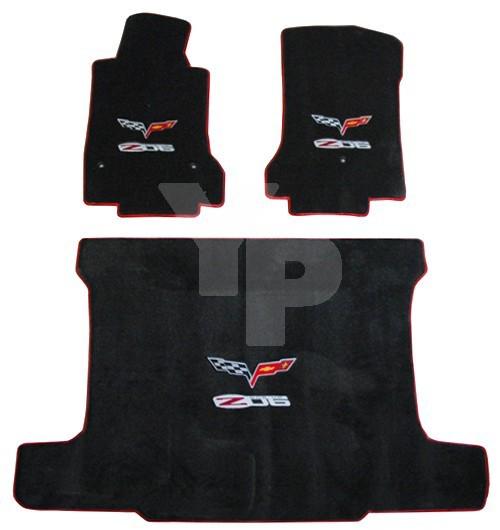 2005-2007.5 c6 corvette z06 black floor & trunk mats w/ red piping