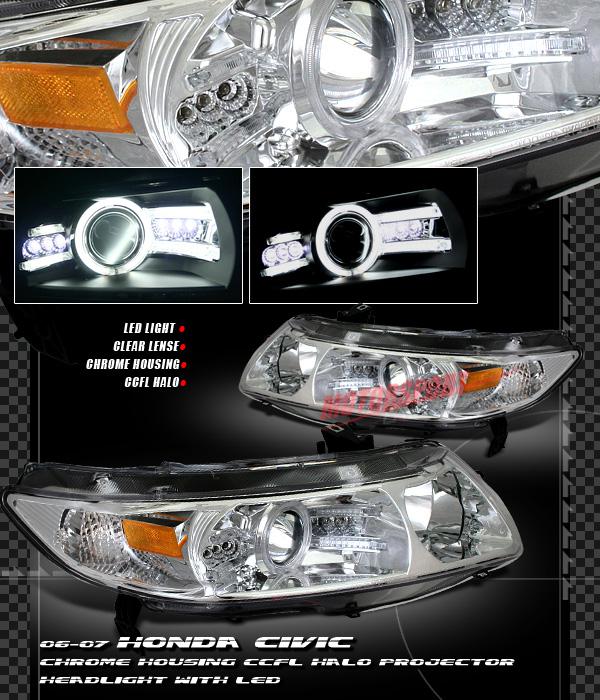 06 07 honda civic coupe dx ex chrome halo projector led headlights replacement