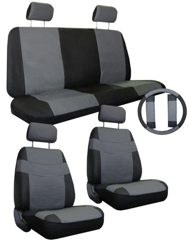 Grey black car seat covers set w/ steering wheel cover &  belt shoulder pads #1