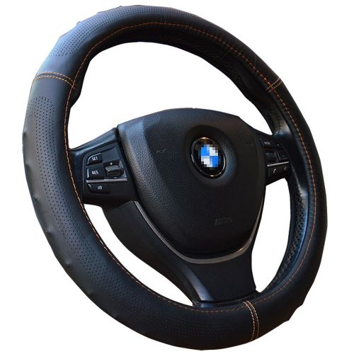 Black synthetic leather steering wheel cover 38cm for genuine sports auto grip