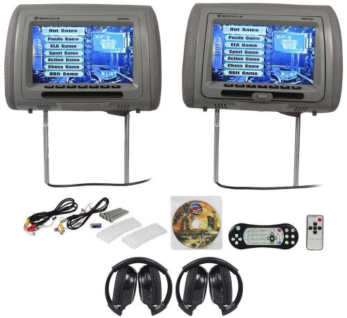 Rockville rdp931-gr 9” grey car dvd/hdmi headrest monitors+2 wireless headsets
