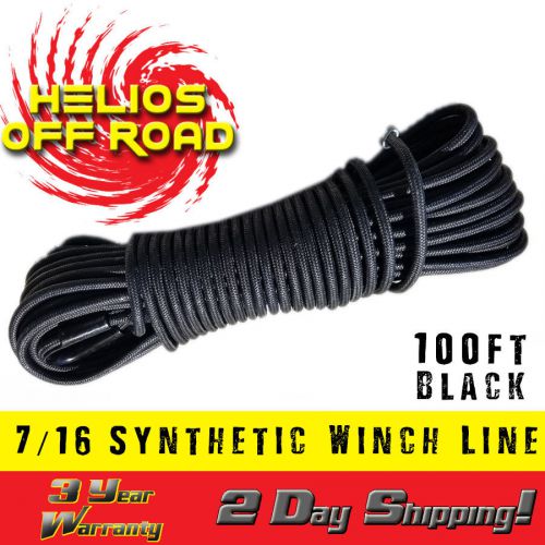 7/16&#034; x 100&#039; black synthetic winch line cable rope30000+ lbs with rock guard