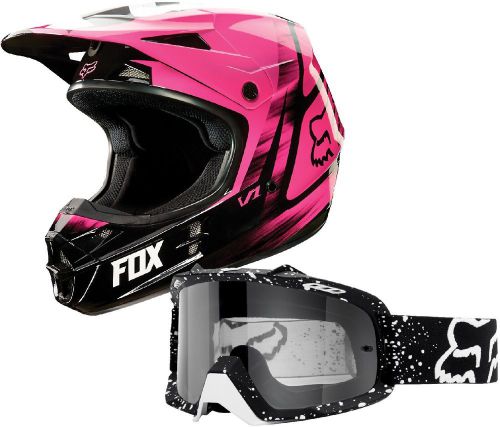 Fox racing pink v1 vandal helmet with black/white airspc flight goggle