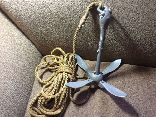 Vintage 5 lb galvanized grapnel anchor with 3/8 anchor line