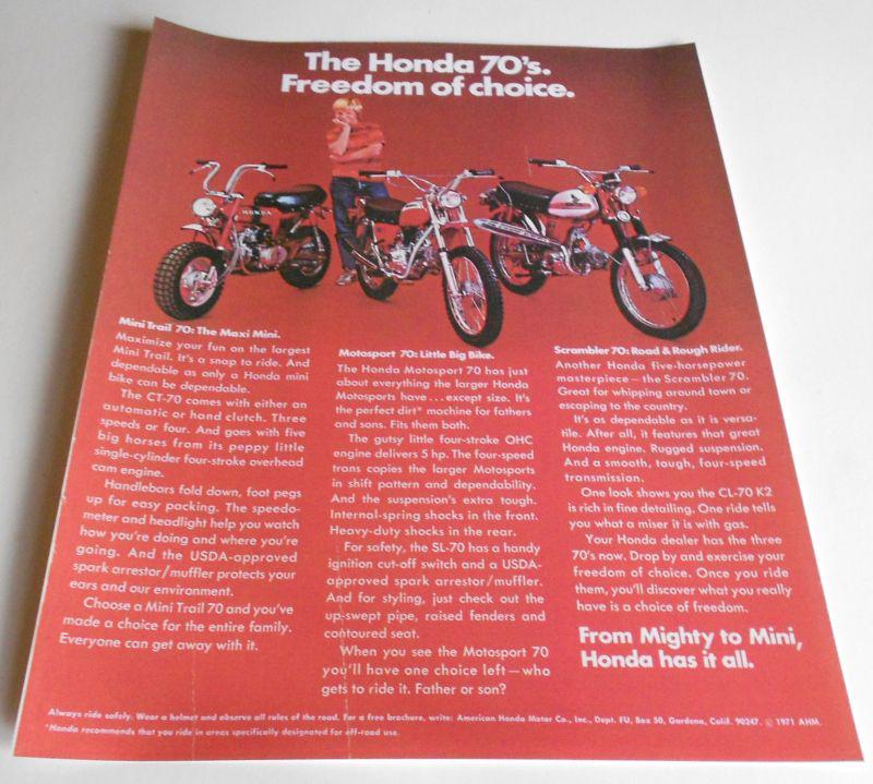 The honda 70's freedom of choice ct70 sl70 cl-70k2 sales ad/ vintage