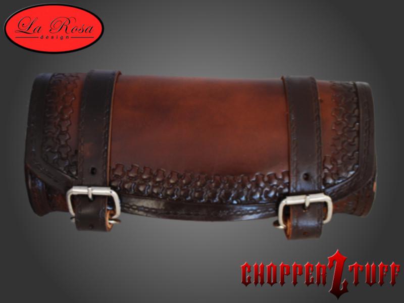 Larosa design sportster front forks tool bag roll antique brown leather tooled