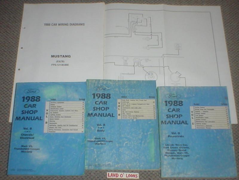 1988 ford mustang thunderbird/cougar mark vii shop/service manual lot/4 +wdiagr