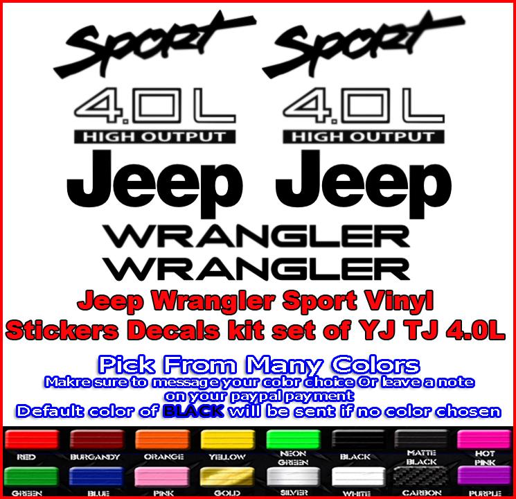 Jeep wrangler sport vinyl stickers decals kit set of yj tj 4.0l 4x4 choose color