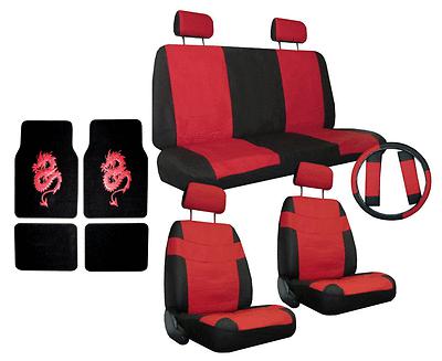 Red black car seat covers w/ steering wheel cover & dragon floor mats & more #2